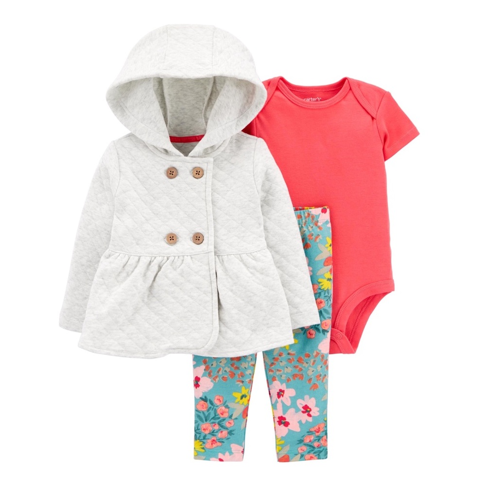Carter’s Girl’s 3-Piece Quilted Cardigan Floral Set - Picture 1 of 4